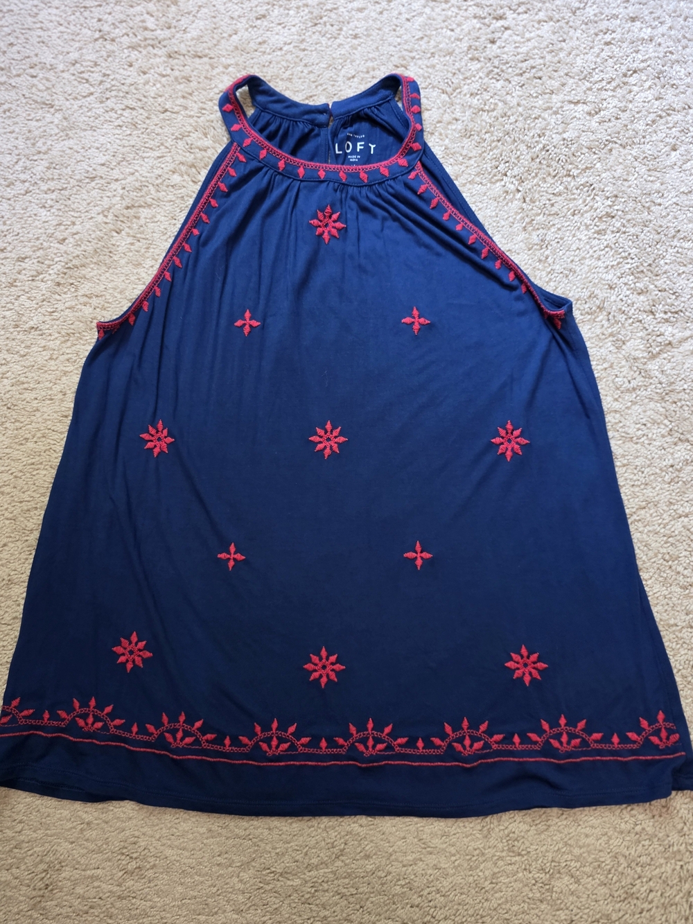 LOFT Navy Halter Tank Top with Red Embroidered Trim